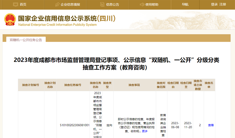 2023年度成都市市场监督管理局登记事项、公示信息“双随机、一公开”